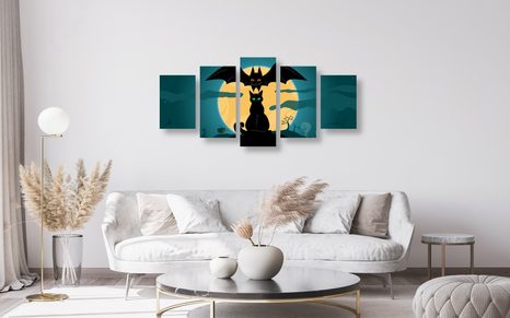 5-DÍLNÝ OBRAZ PŘÁTELSKÁ STRAŠIDLA ZA ÚPLŇKU MĚSÍCE - OBRAZY KOČKY - OBRAZY