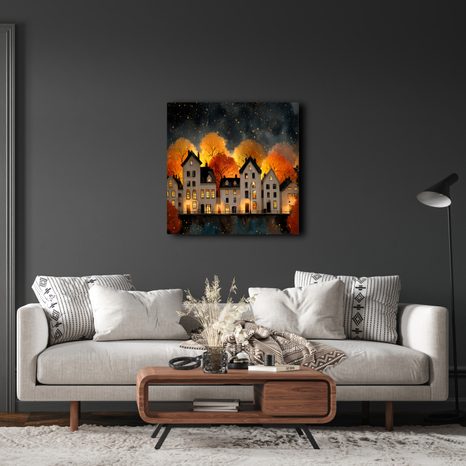 WANDBILD FESTLICH BELEUCHTETE HÄUSER BEI NACHT - BUNTE HÄUSER - BILDER