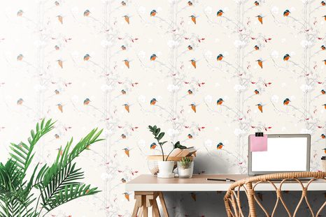 CARTA DA PARATI AUTOADESIVA – UCCELLINI NELLA FORESTA DENSA CON SFONDO BEIGE - CARTA DA PARATI AUTOADESIVE - CARTA DA PARATI