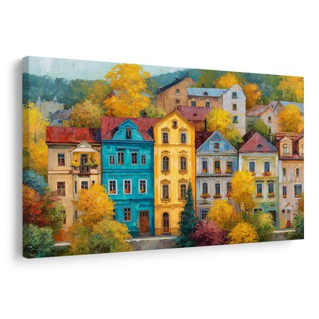 WANDBILD HERBSTLICHER ZAUBER IN DER STRASSE - BUNTE HÄUSER - BILDER