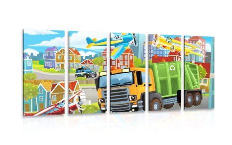 QUADRO IN 5 PARTI TRENO NELLA CITTÀ - QUADRI PER BAMBINI - QUADRI