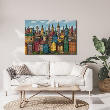 WANDBILD BUNTE STADTPANORAMA - BUNTE HÄUSER - BILDER