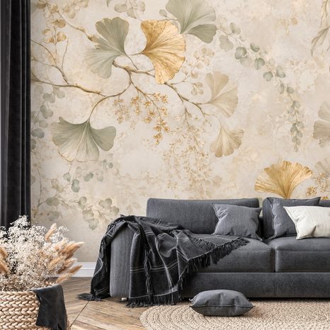 ZELFKLEVEND FOTOBEHANG GOUDEN GINKGOBLADEREN IN GLAMOURSTIJL - FOTOBEHANG BLADEREN - FOTOBEHANG