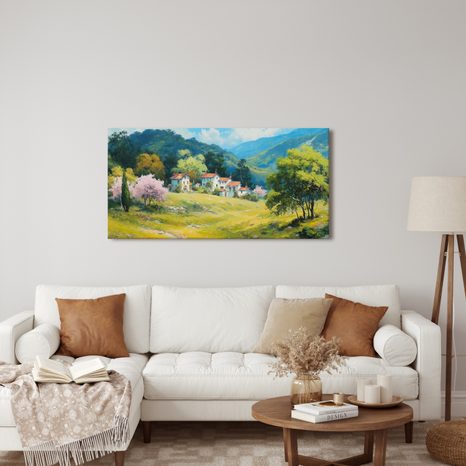 OBRAZ ROZKVETLÉ STROMY A HORY - BAREVNÉ DOMY - OBRAZY