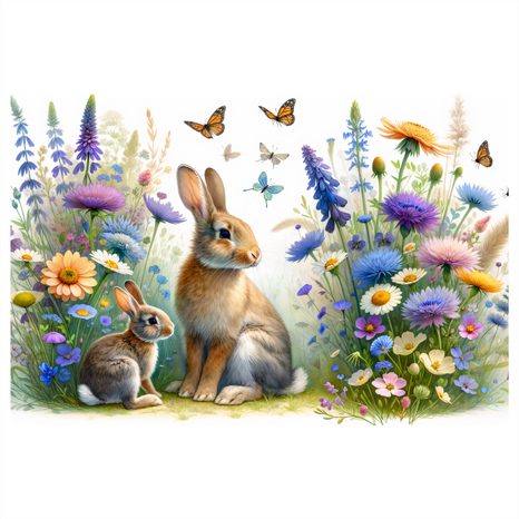 OBRAZ KRÁLÍČCI V JARNÍ KVĚTINOVÉ LOUCE - DĚTSKÉ OBRAZY ZVÍŘÁTKA - OBRAZY