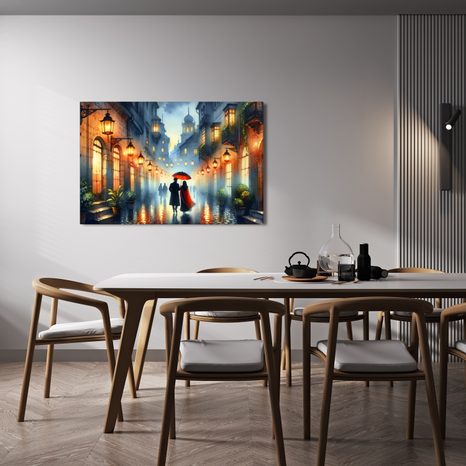 WANDBILD ROMANTISCHER SPAZIERGANG DURCH VERREGNETE STADT - BILDER VON MENSCHEN - BILDER