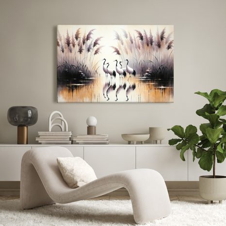 WANDBILD KRANICHE AM SCHILF - BILDER VON VÖGELN - BILDER