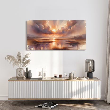 WANDBILD SONNE ÜBER RUHIGER WASSERFLÄCHE - BILDER VON SONNENAUFGANG UND SONNENUNTERGANG - BILDER