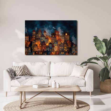 OBRAZ VÁNOČNÍ VESNICE POD HVĚZDAMI - BAREVNÉ DOMY - OBRAZY