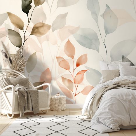 FOTOTAPET AUTOADEZIV FRUNZE ACUARELĂ DELICATE ÎN TONURI PASTEL - TAPETE FRUNZE - TAPETURI