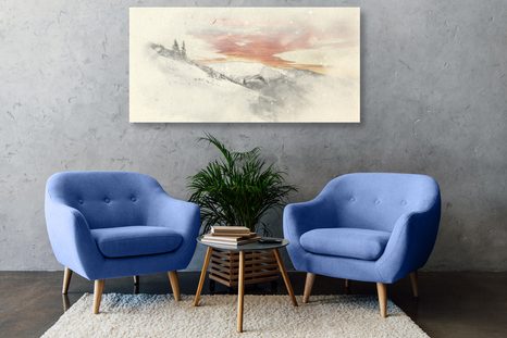 CANVAS SCHILDERIJ ONDERGAANDE ZON BOVEN BESNEEUWDE BERGEN - SCHILDERIJEN - MEGA UITVERKOOP TOT 70% 🔥