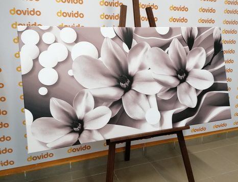 CANVAS PRINT BLACK AND WHITE MAGNOLIA ON AN ABSTRACT BACKGROUND - BLACK AND WHITE PICTURES - PICTURES