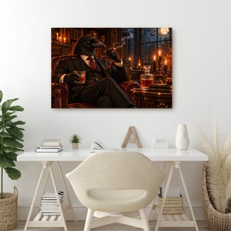 QUADRO SU TELA – GENTILUOMO CORVO CON SIGARO - QUADRI HALLOWEEN E HORROR - STAMPE E QUADRI