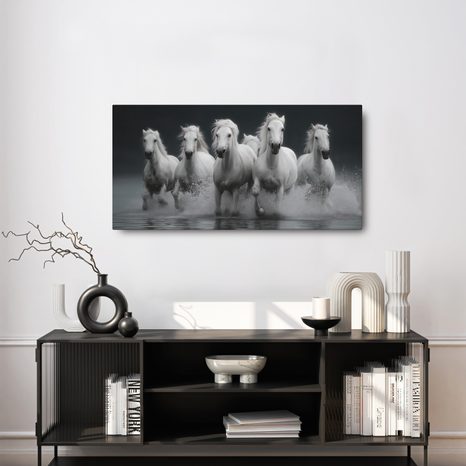 WANDBILD WILDE FAHRT DER WEISSEN PFERDE - BILDER VON PFERDEN - BILDER