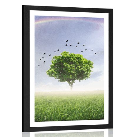 POSTER MIT PASSEPARTOUT ALLEINSTEHENDER BAUM AUF DER WIESE - NATUR - POSTER