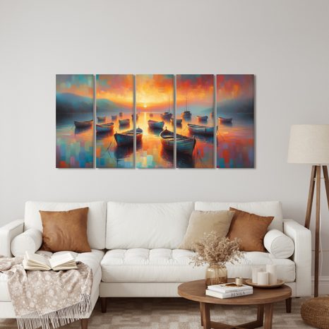 5-DÍLNÝ OBRAZ MALÉ LOĎKY V MALEBNÉM ZÁLIVU - OBRAZY MOŘE A PLÁŽ - OBRAZY