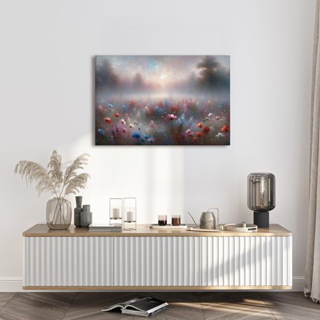 WANDBILD NEBLIGE WIESE MIT BLUMEN - WANDBILDER FELDER UND WIESEN - BILDER