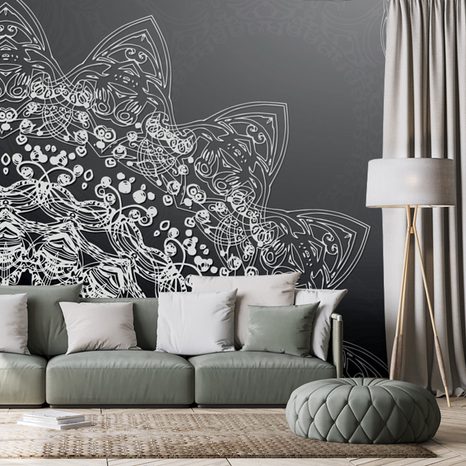 TAPETE MODERNE ELEMENTE DES MANDALAS IN SCHWARZ-WEISS - TAPETEN MIT FENG SHUI-MOTIVEN - TAPETEN