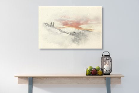 WANDBILD SONNENUNTERGANG ÜBER VERSCHNEITEN BERGEN - WANDBILD IMITATION VON ÖLGEMÄLDE - BILDER