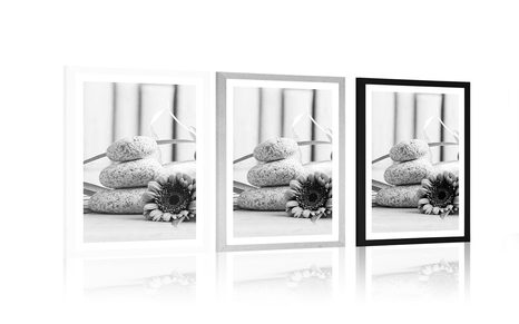 PLAKAT S PASPARTUOM MEDITACIJSKA I WELLNESS MRTVA PRIRODA U CRNO-BIJELOM DIZAJNU - CRNO-BIJELE - PLAKATI