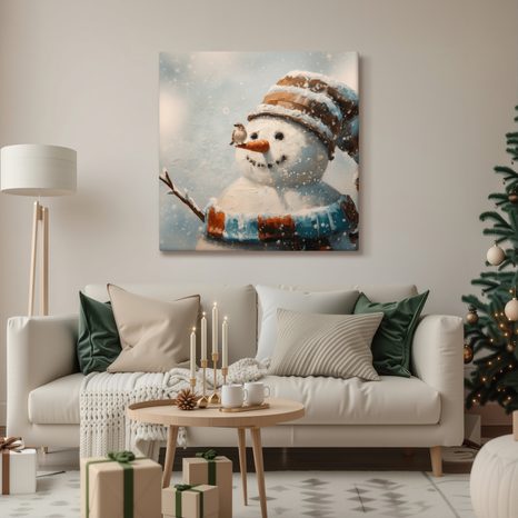 WEIHNACHTLICHES WANDBILD SCHNEEMANN UND FREUND SPATZ - WEIHNACHTS- UND WINTERBILDER - BILDER