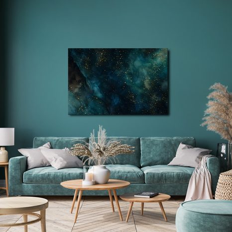 TABLEAU SUR TOILE – GALAXIE TURQUOISE AUX REFLETS DORÉS - IMAGES DE GALAXIE - TABLEAUX