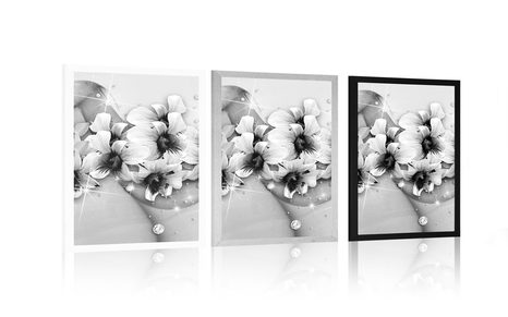 PLAKAT CRNO-BIJELO CVIJEĆE NA APSTRAKTNOJ POZADINI - CRNO-BIJELE - PLAKATI
