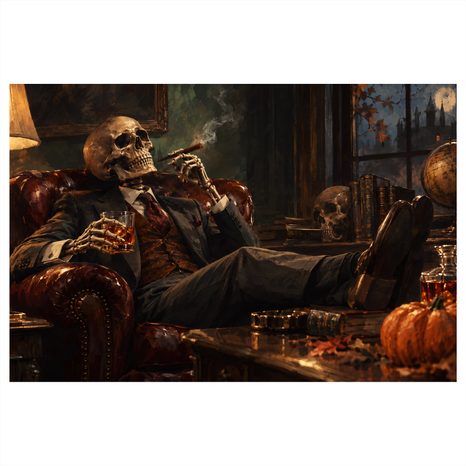QUADRO SU TELA – SCHELETRO CON SIGARO E WHISKY - QUADRI HALLOWEEN E HORROR - STAMPE E QUADRI
