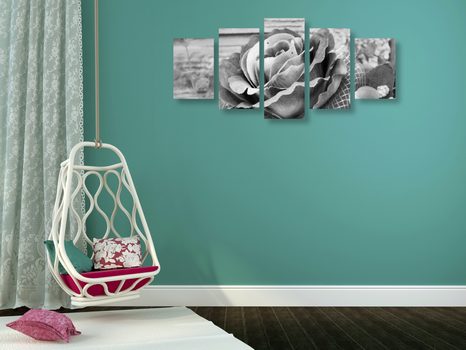 5-DÍLNÝ OBRAZ ELEGANTNÍ VINTAGE RŮŽE V ČERNOBÍLÉM PROVEDENÍ - ČERNOBÍLÉ OBRAZY - OBRAZY