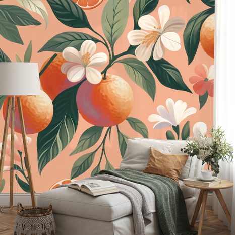 SELBSTKLEBENDE TAPETE ORANGEN UND BLUMEN AUF APRIKOSENFARBENEM HINTERGRUND - TAPETEN MIT ESSEN UND GETRÄNKEN - TAPETEN