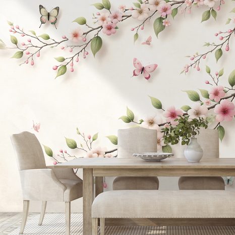 FOTOTAPETA JEMNÉ RŮŽOVÉ KVĚTY A MOTÝLI - TAPETY KVĚTINY - TAPETY