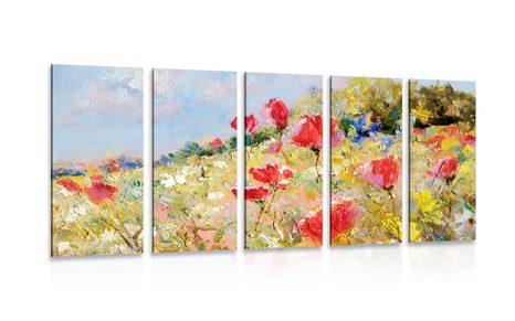 QUADRO IN 5 PARTI PAPAVERI QUADRO SUL PRATO - QUADRI DI FIORI - QUADRI