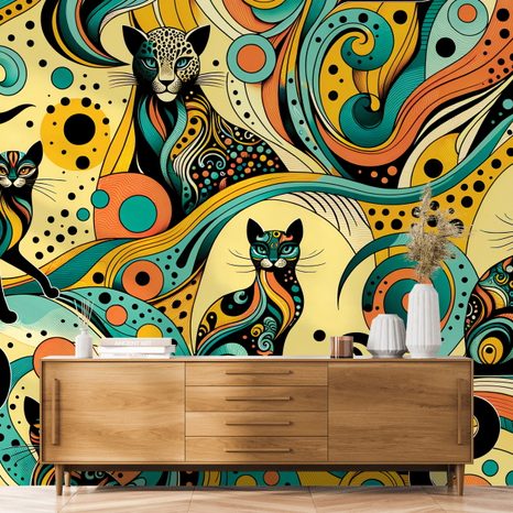 FOTOTAPETE BUNTE ABSTRAKTE KATZEN - TAPETEN MIT TIERMOTIVEN - TAPETEN