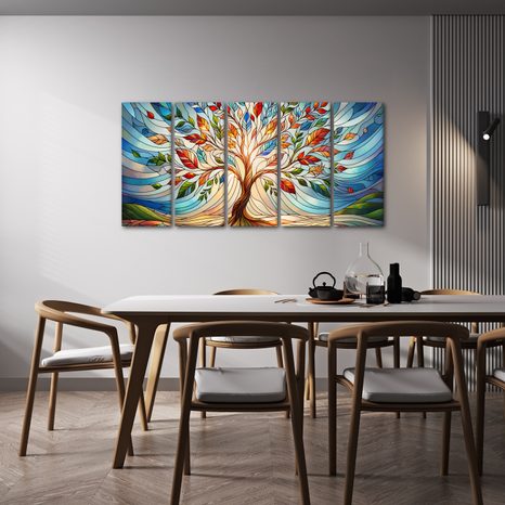 TABLOU 5-PIESE CU ARBORELE VIEȚII ÎN VITRALII COLORATE - TABLOURI ARBORII VIEȚII - TABLOURI