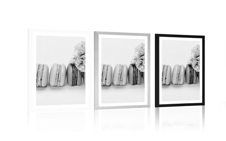 POSTER WITH MOUNT TASTY MACARONS IN BLACK AND WHITE - BLACK AND WHITE - POSTERS