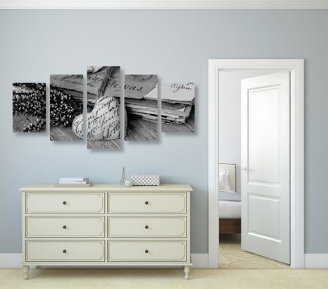 TABLOU 5-PIESE FRUNZE NOSTALGICE ÎN DESIGN ALB-NEGRU - TABLOURI ALB-NEGRU - TABLOURI