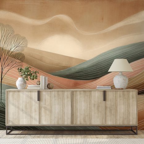 SELBSTKLEBENDE TAPETE ABSTRAKTE LANDSCHAFT IN WARMEN TÖNEN - TAPETEN FELDER UND WIESEN - TAPETEN