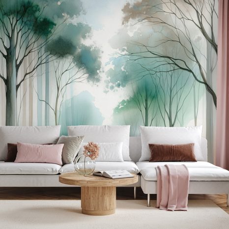 SAMOLEPÍCÍ FOTOTAPETA AKVARELOVÝ LES V MLZE - TAPETY LES - TAPETY