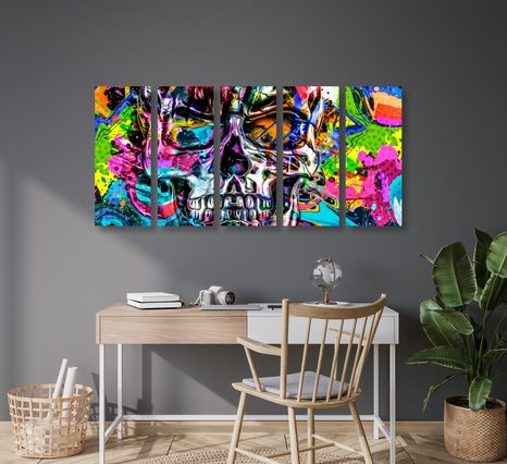 5-DÍLNÝ OBRAZ BAREVNÁ UMĚLECKÁ LEBKA - POP ART OBRAZY - OBRAZY