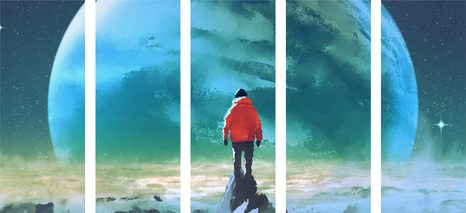 5-TEILIGES WANDBILD MANN AUF DEM GIPFEL EINES BERGES - BILDER VON MENSCHEN - BILDER