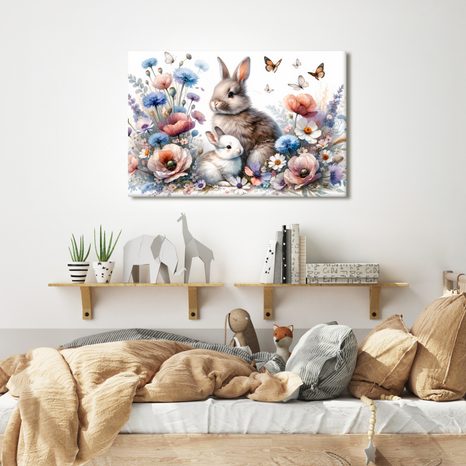 WANDBILD KANINCHEN IM BLÜHENDEN FRÜHLINGSGARTEN - KINDERBILDER TIERE - BILDER