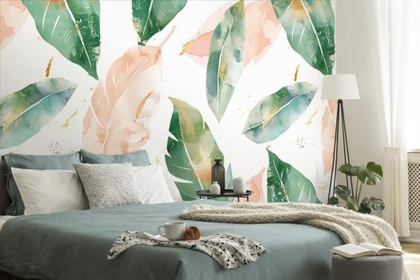 SAMOLJEPLJIVA TAPETA LISTOVI ZELENE BOJE I BOJE BRESKVE U TEHNICI AKVARELA - SAMOLJEPLJIVE TAPETE - TAPETE