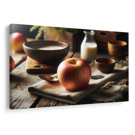 WANDBILD APFEL AUF HOLZTISCH - BILDER VON ESSEN UND GETRÄNKEN - BILDER