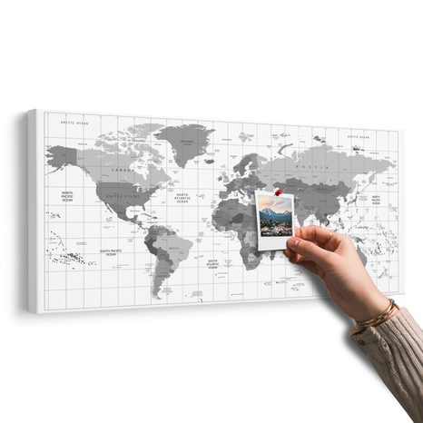 WANDBILD AUF KORK GRAUE WELTKARTE AUF WEISSEM HINTERGRUND - WANDBILDER AUF KORK - BILDER