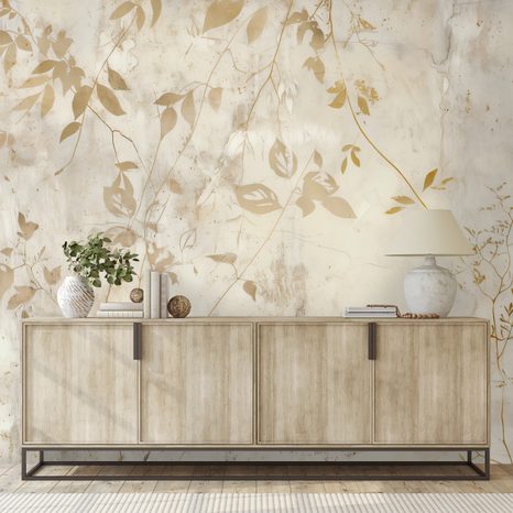 TAPET FRUNZE AURII PE FUNDAL BEJ - TAPETE FRUNZE - TAPETURI