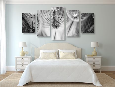 5-TEILIGES WANDBILD LÖWENZAHN IN SCHWARZ-WEISS - SCHWARZ-WEISSE BILDER - BILDER