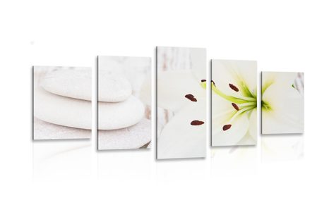 5-TEILIGES WANDBILD LILIE UND MASSAGESTEINE IN WEISS - BILDER MIT FENG SHUI-MOTIVEN - BILDER