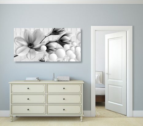 QUADRO SU TELA – MAGNOLIA IN BIANCO E NERO CON ELEMENTI ASTRATTI - QUADRI BIANCO E NERO - STAMPE E QUADRI