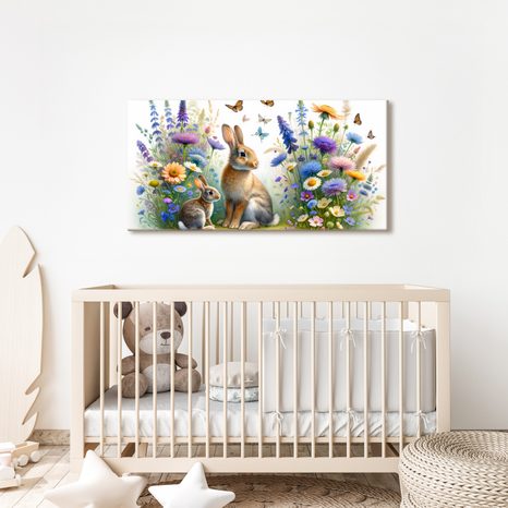 WANDBILD WIESENBLUMEN UND HÄSCHEN ZWISCHEN SCHMETTERLINGEN - KINDERBILDER TIERE - BILDER