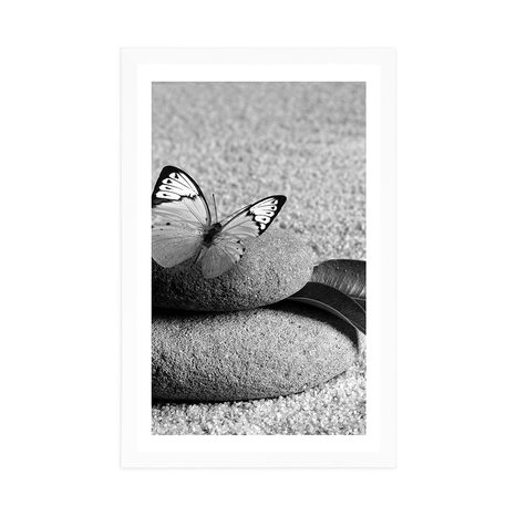 POSTER – FARFALLA SU PIETRA ZEN IN BIANCO E NERO - NERO E BIANCO - POSTER
